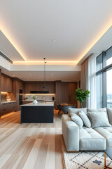 Fototapeta premium Modern open-concept living room with minimalist design, featuring neutral tones, sleek furniture, and a kitchen island. Large windows allow natural light to illuminate the space. Wall mock up.