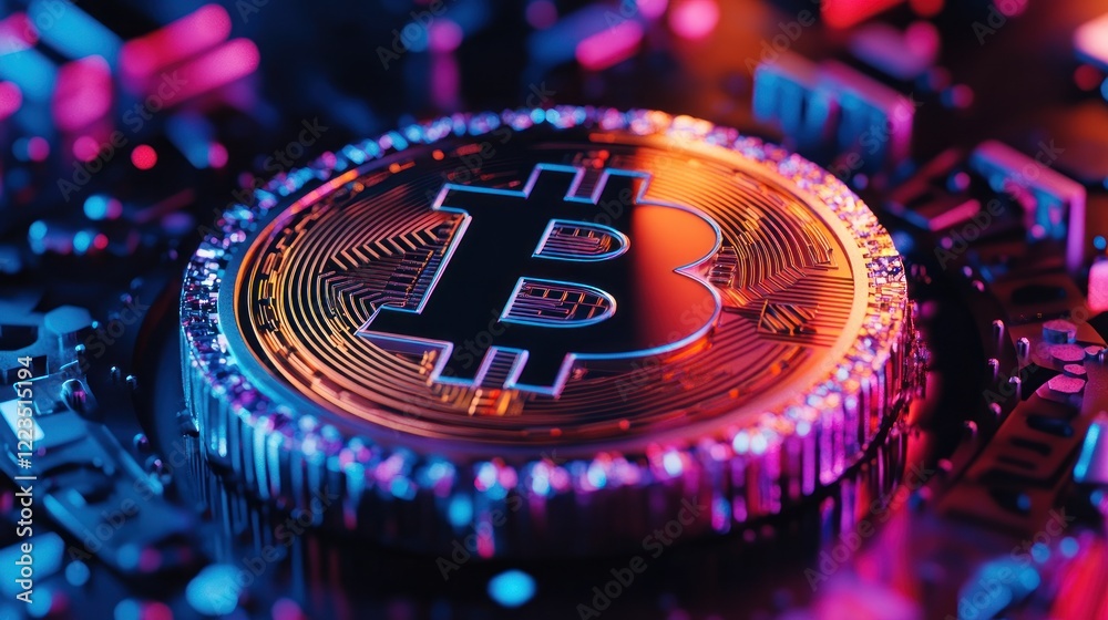 Poster Illuminated Bitcoin Coin on Circuit Board Display