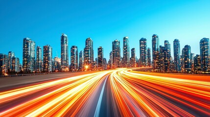 Vibrant Cityscape at Twilight with Dynamic Light Trails from Fast-Moving Vehicles on a Modern Highway