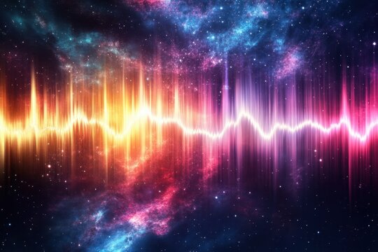 Vibrant sound waves ripple through a colorful cosmic background filled with galaxies and stars