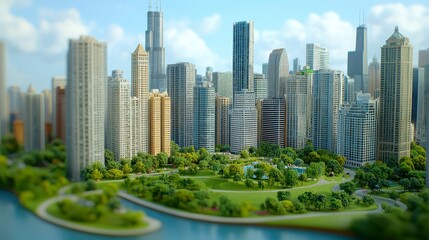 Vibrant Cityscape with Lush Central Park: A Detailed Miniature Model of Modern and Classic Architecture