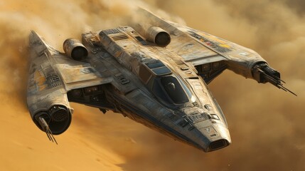 Fototapeta premium Desert Planet Starship Low Flight Dust Cloud