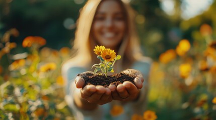 Hands nurturing life with plants and soil in a vibrant garden setting