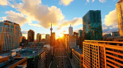 Vibrant City Skyline at Sunset: A Panoramic View of Modern Architecture and Urban Energy