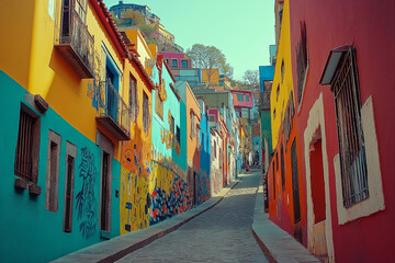 A colorful graffiti-covered alleyway in a bustling metropolis