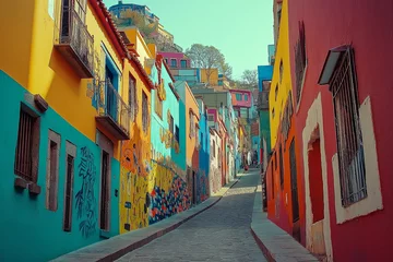 Fototapete Rund A colorful graffiti-covered alleyway in a bustling metropolis © Suresh Thangavel
