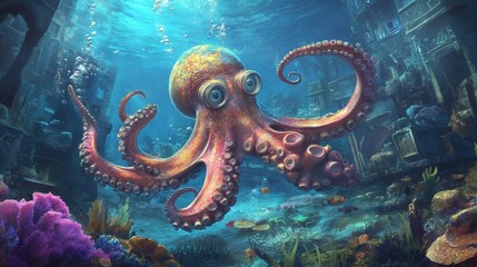 Sea life landing page, scuba diving banner. Funny octopus and turtle characters under water in ocean. Vector cartoon illustration of undersea landscape with wild marine animals