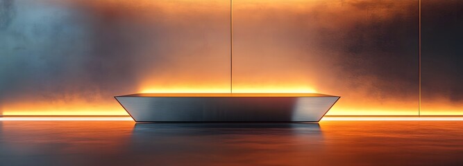 A podium with a sharp, angular design, positioned in front of a sleek, metallic surface with soft ambient lighting