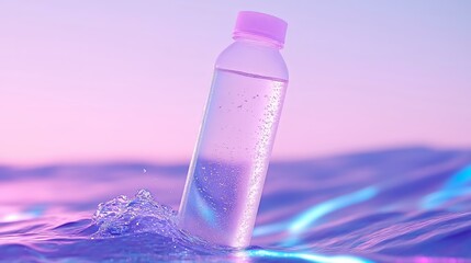Floating plastic bottle in vibrant neon water with gradient background
