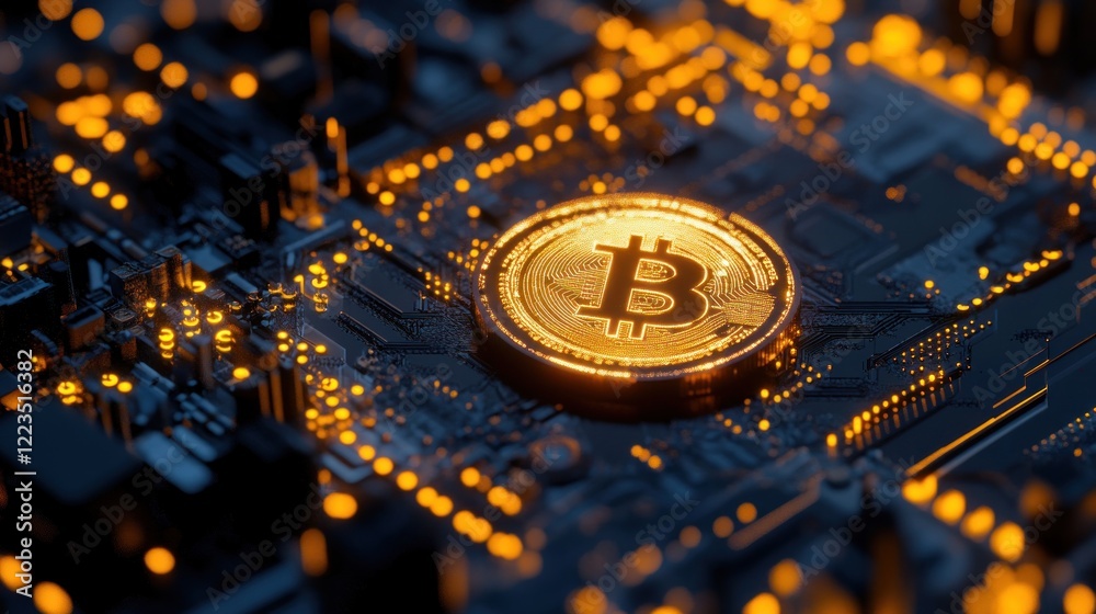 Poster illuminated bitcoin on a circuit board