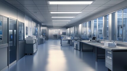 Modern Laboratory Corridor With Sleek Equipment And Windows