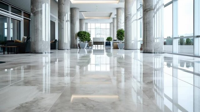 Interior of luxury lobby of commercial building, clean shiny floor in office hall, concept of marble tile and design. 