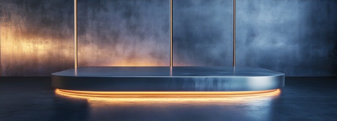 A podium with a sharp, angular design, positioned in front of a sleek, metallic surface with soft ambient lighting