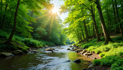 Obraz premium Serene river flowing through lush green forest
