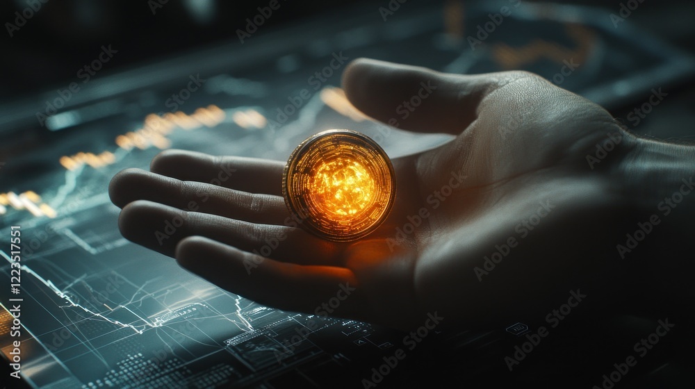 Poster glowing cryptocurrency coin held in a hand over data charts