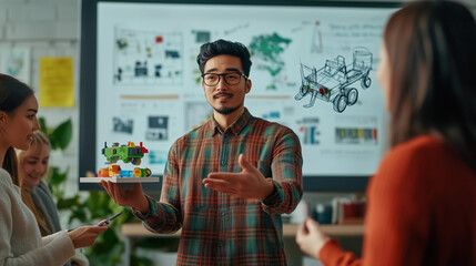 Toy Designer Holding a Small Prototype of a New Toy, Explaining Its Features to a Team in a Creative Studio with Digital Sketches and Consumer Trends on a Large Screen Behind