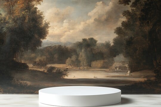 Modern white podium on an artistic old master painting background, ideal for showcasing classic and timeless products.