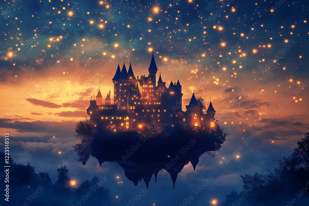 Aufkleber a floating castle in the sky surrounded by glowing fireflies at dusk