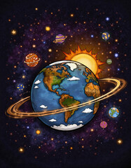 Fototapeta premium Colorful Earth and planets in space with sun