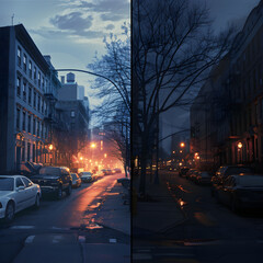 Compare and Contrast: Normal Eye Vision versus Night Blindness Symptoms in a Street Scene at Dusk