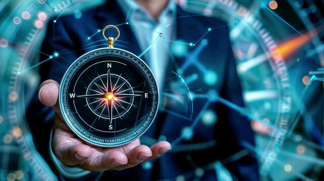 Professional holding digital compass against futuristic network background, representing business direction, strategic guidance and transformation in corporate leadership