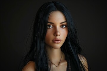 Fototapeta premium Beautiful young woman with long black hair posing on dark background. Neural network ai generated
