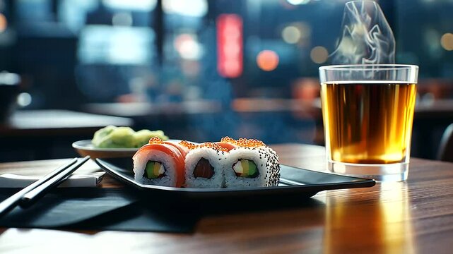 Advertising banner featuring sushi rolls paired with miso soup and sake, emphasizing a full Japanese dining experience.