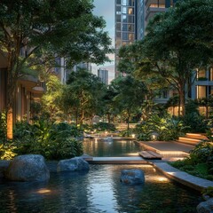 Urban oasis with lush greenery and serene water features