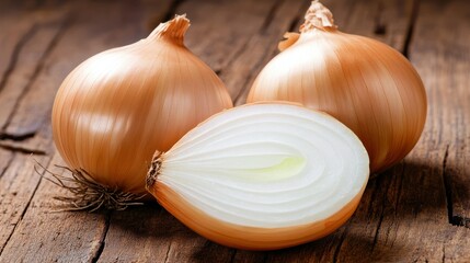 Close-up of fresh brown onions on rustic wooden table