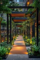 Lush garden pathway in modern urban setting at evening