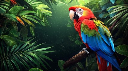 Fototapeta premium Scarlet Macaw in Lush Tropical Paradise: A Vibrant Jewel of the Rainforest