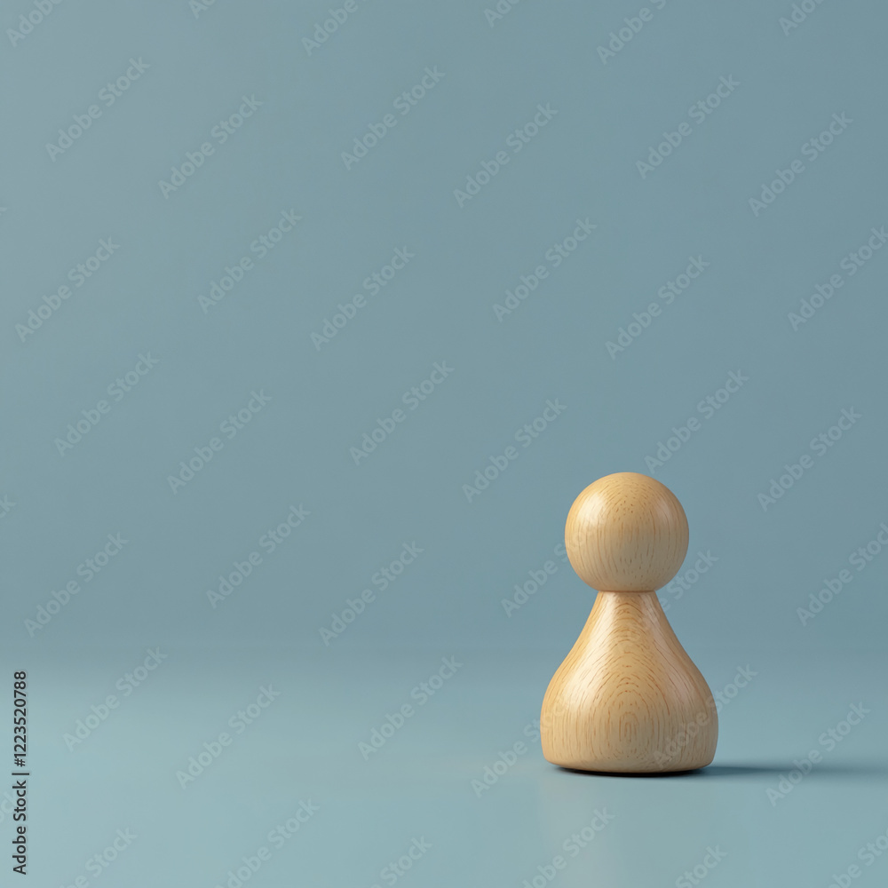 Poster a close-up of a single wooden pawn chess piece on a soft blue background, symbolizing strategy, deci