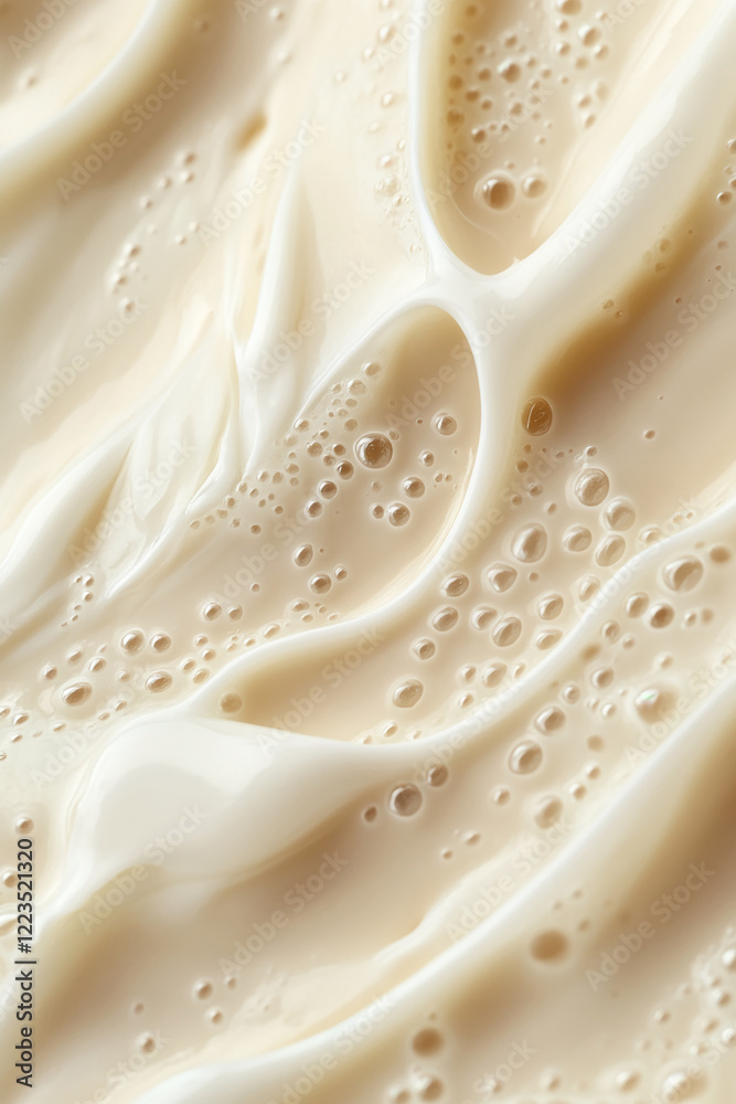 Poster A close-up view of creamy milk with bubbles, showcasing a smooth texture and liquid swirl. The image symbolizes freshness, purity, and liquid movement in a soft, fluid form.