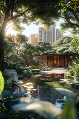Tranquil garden oasis with modern architecture in city