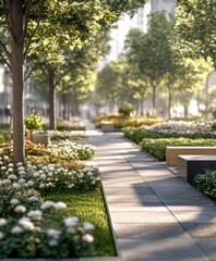 Obraz premium Beautiful urban park filled with blooming flowers and trees