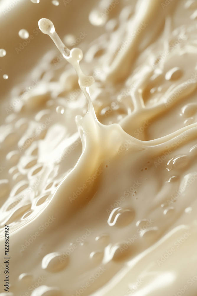 Poster A close-up image of milk splashing with droplets, creating a dynamic and smooth flow. The liquid movement symbolizes freshness, smoothness, and energy in motion.