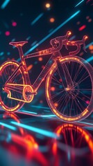Fototapeta premium A 3D road bike built from intricate glowing lines, with a soft vaporwave-style background and pixelated accents