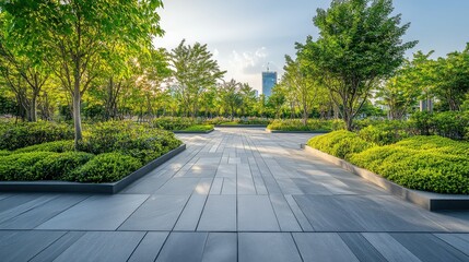 Urban park pathway lined with greenery on a sunny day