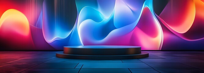 A podium with a high-tech design, positioned in front of a massive digital wall filled with vibrant, moving abstract shapes