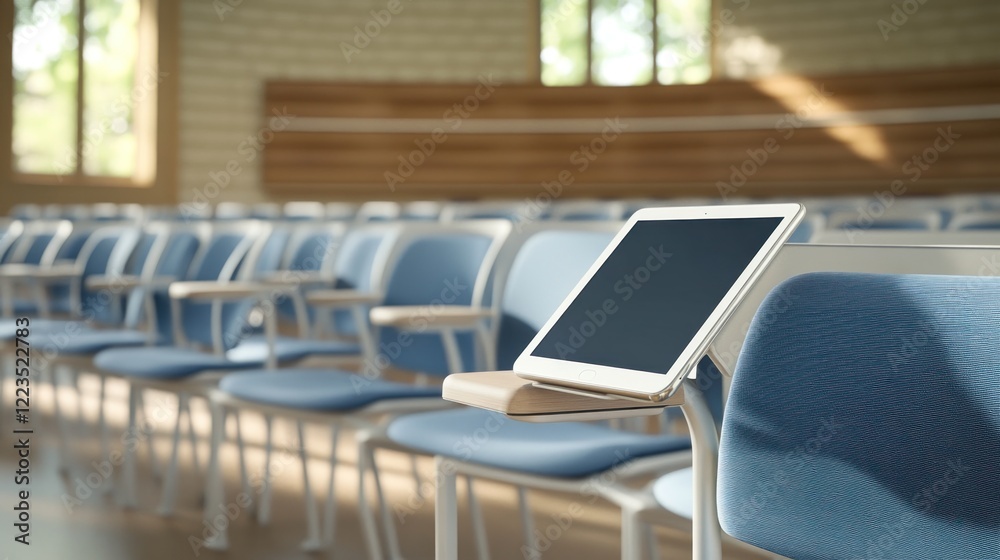 Poster Tablet rests on a desk in an empty classroom