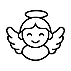 Smiling Angel with Halo and Wings Line Art  - Black and white line drawing of a cheerful angel with a halo and wings, symbolizing purity, divinity, spirituality, and protection.  
