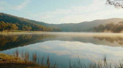 Fototapeta premium Serene morning mist over calm lake reflecting hills