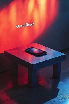 Smartphone on a minimalist table with vibrant lighting at a modern interior location