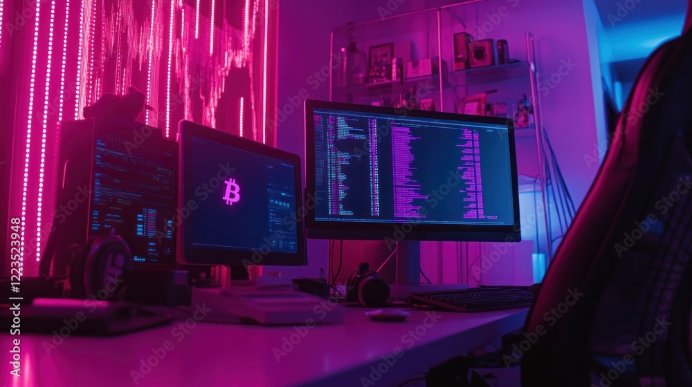 Poster Bitcoin Cryptocurrency Coding Setup Neon Lights