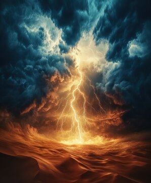 Dramatic lightning strike illuminating stormy desert landscape