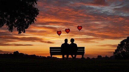 Silhouette Couple Sunset Bench Heart Balloons
