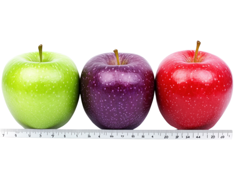  a red apple, and purple plum on top of an industrial ruler isolated on a transparent background
