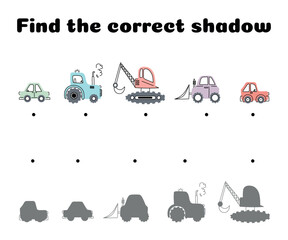 Obraz premium Find the correct shadow of the car. Educational logical game for kids. Educational matching game for kids. Worksheet for preschoolers. Vector
