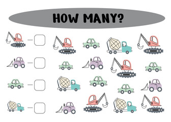 Mathematical game for children with transport. How many cars? Count and write. Educational material for children. Development of children's arithmetic skills. Printable sheet. Vector
