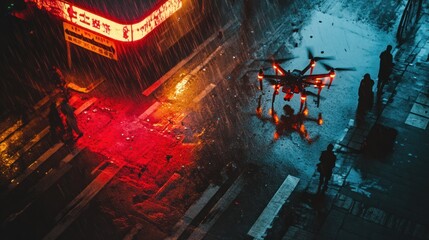 Naklejka premium Drone in Rainy City at Night